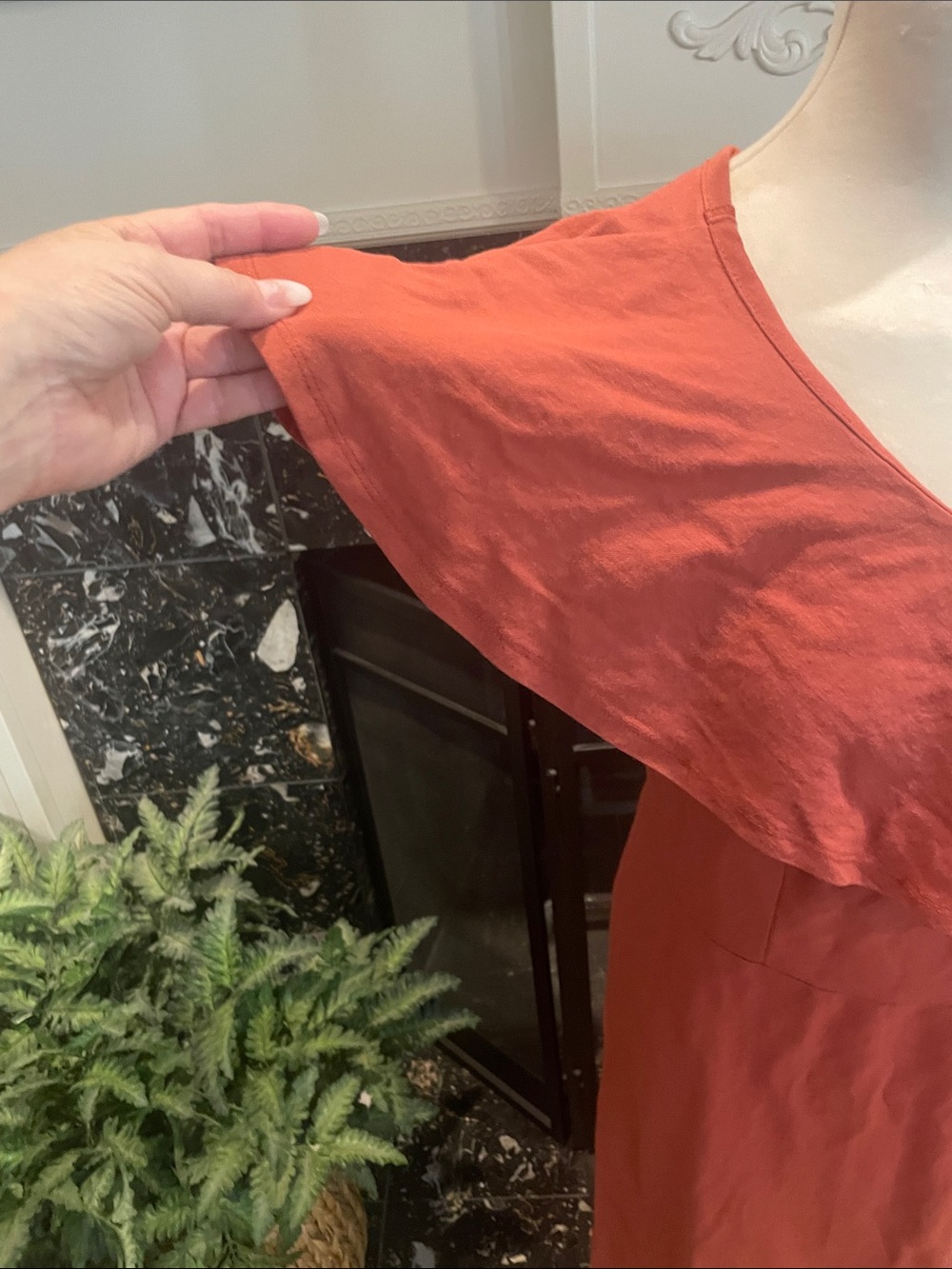Rust Red Ruffle V-Neck Women's Dress - Picture 4 of 9